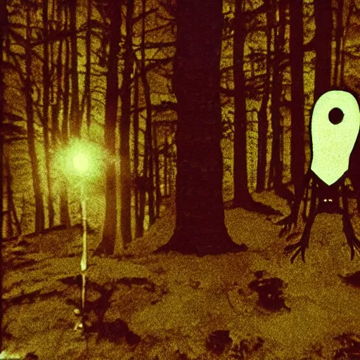 Prompt: photo of a grey alien at night in a forest, 8mm film