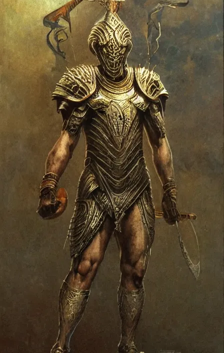 Prompt: thunder god oncept, wearing thunder armor, ancient greek ornamented armor, beksinski, weta workshop concept art