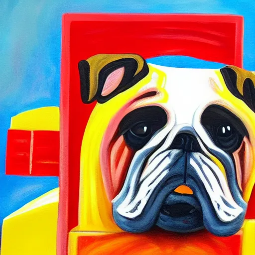 Prompt: a painting of a bulldog sitting inside a forklift, extreme details, sunny, colorful, beautiful