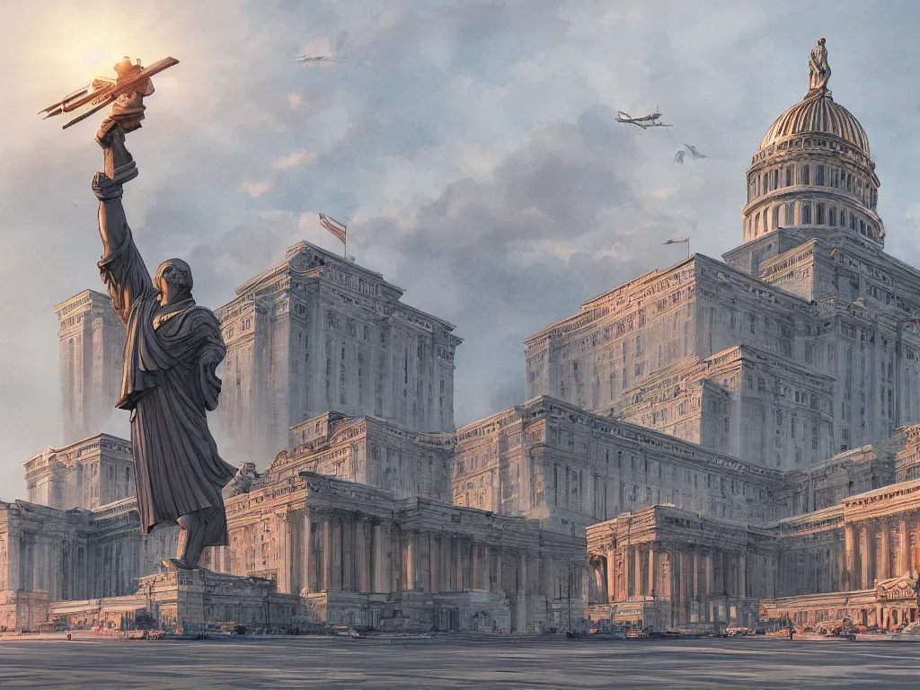 Image similar to architecture concept art by fan wennan. future capitol of the american communist party shining in the sun, communist statue and insignia, hyperdetailed, cinematic, photorealistic, hyperrealism, masterpiece, grounded communist governmental architecture, statue, imposing, strength, abundance, life