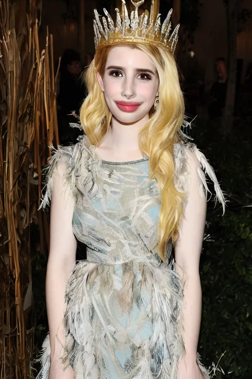 Image similar to blonde emma roberts as a queen of feathers, goddess of the wild, silk dress by rosetti and alan lee