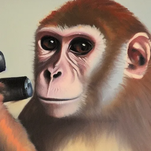 Prompt: Portrait of Monkey holding a camera, oil painting
