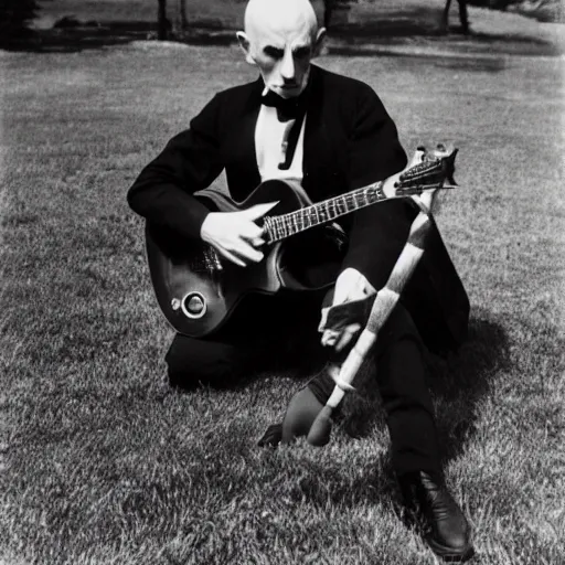 Image similar to vintage photograph of count orlok crouched on the lawn outside his castle, playing the blues on guitar, 4 k