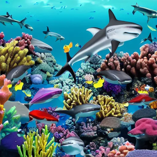 Prompt: beautiful hyper realistic coral reef full of sharks in 4 k