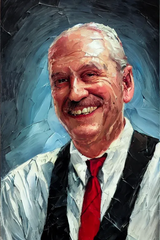 Prompt: palette knife oil painting portrait of lars erickson, a greying man who is relaxed and reliant. he wears a suit shirt with no jacket, red suspenders, a loose tie, and folded up sleeves. dashing smile., extreme detail, artstation trending, noir, artgerm, any racial background, deviant art, octane, substance, art history 8 k