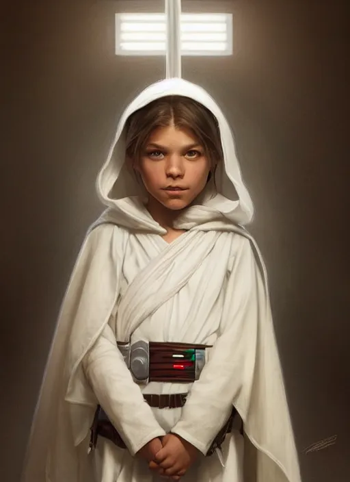 Prompt: perfectly - centered - portrait of a kid wearing white cloak holding light saber, intricate, highly detailed, digital painting, artstation, concept art, smooth, sharp focus, illustration, unreal engine 5, 8 k, art by artgerm and greg rutkowski and alphonse mucha