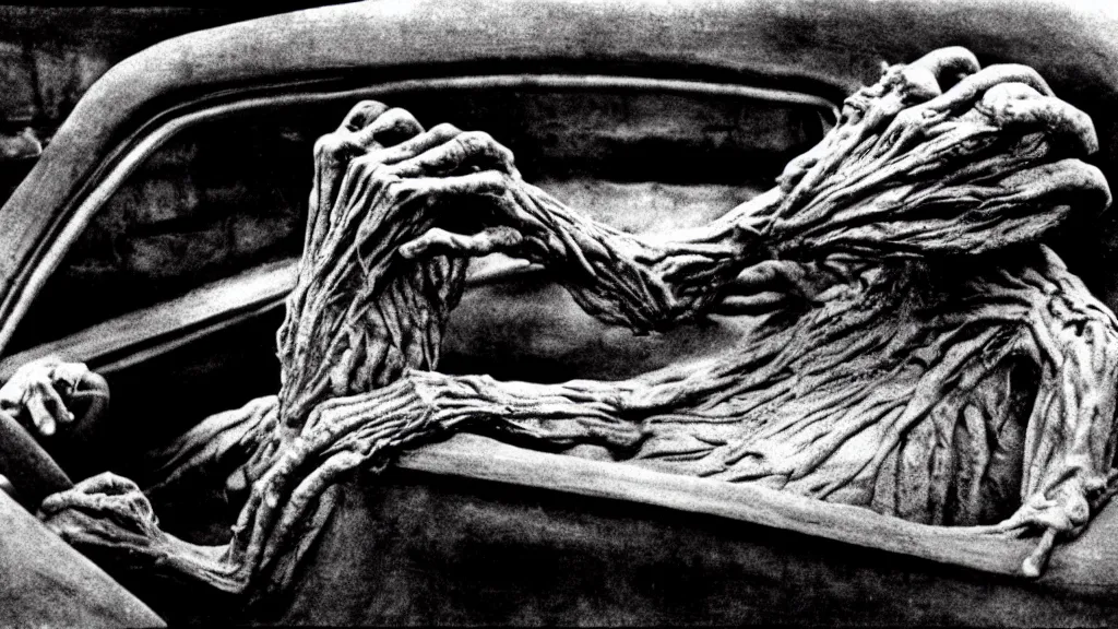 Image similar to the creature sits in a car, made of clay and oil, film still from the movie directed by David Cronenberg with art direction by Salvador Dalí, wide lens