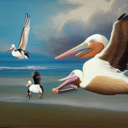 Prompt: a corgi learning to fly with pelicans, oil on canvas, intricate, 8k highly professionally detailed, HDR, CGsociety