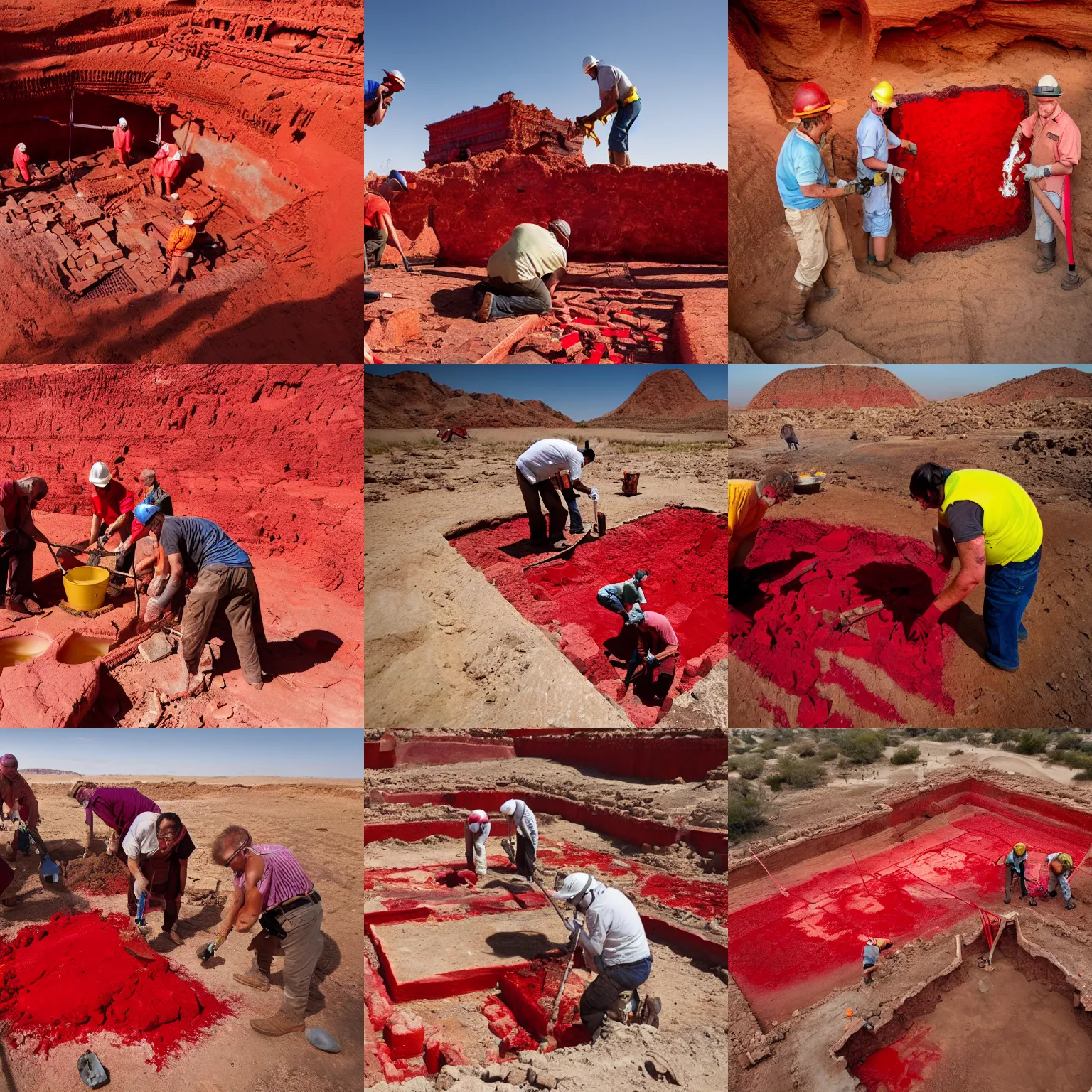 Prompt: colorful photograph of archaeologists uncovering a giant temple made of bright red ruby glass in the desert, national geographic award winning