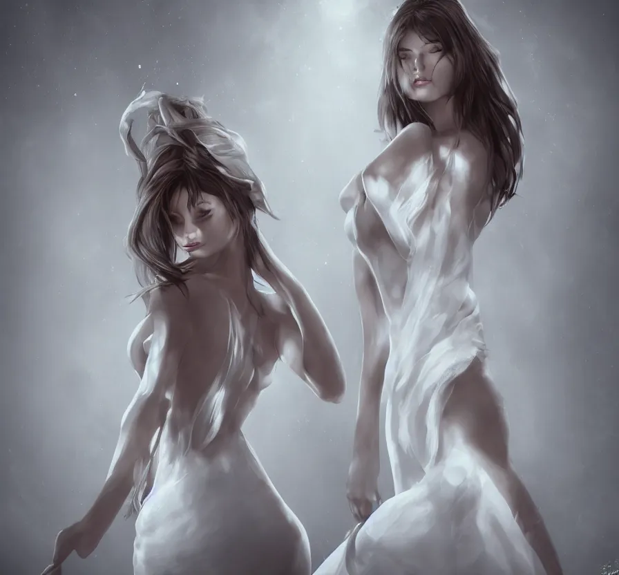 Prompt: mystic beautiful woman in white dress on dark background, drawn by vetarmora, detailed body, human proportions, instagram, unreal engine 5, wallpaper, 8 k, ultra detailed, realistic photo, artstation