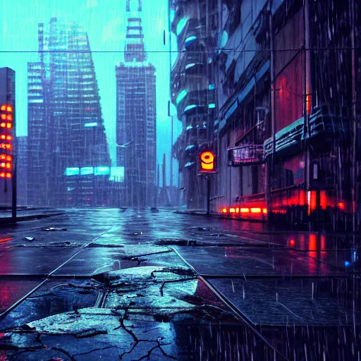 Image similar to 8 k artstation photograph rainy city cracked and crumbling into the ocean with scifi cyberpunk aesthetic hyper realistic