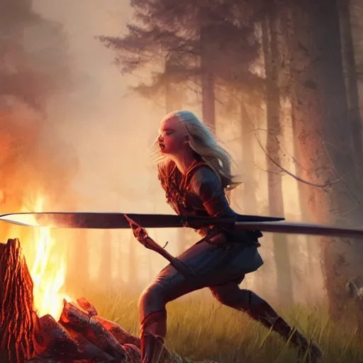 Prompt: An epic fantasy comic book style portrait painting of Elle Fanning sharpening a sword over a campfire, unreal 5, DAZ, hyperrealistic, octane render, cosplay, RPG portrait, dynamic lighting