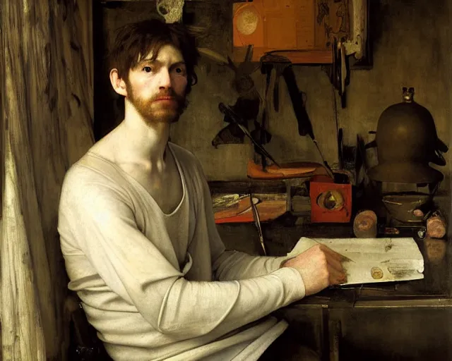 Image similar to an exhausted painter in his dimly lit studio by edgar maxence and caravaggio and michael whelan, intricate painting, hyper realistic, extremely detailed and beautiful aesthetic face, 8 k resolution