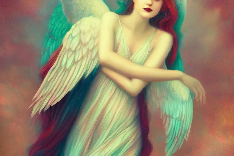 Image similar to pretty angel girl with wings photograph in the style of tom bagshaw, colorful, realistic, 8 k