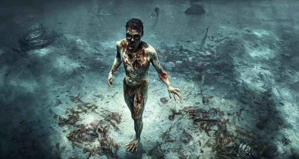 Image similar to highly detailed full body portrait of a zombie swimming underwater in a zombie - apocalypse, in a swimming pool, by greg rutkowski, octane render