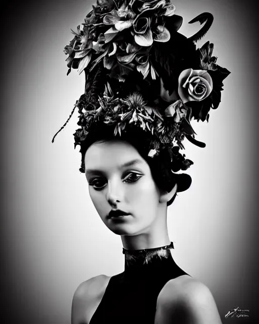 Image similar to a black and white high quality dreamy photo of a young beautiful female queen-pale dragon-vegetal-flower-cyborg bust with a very long neck and a steampunk flower crown, elegant, highly detailed, poetic, soft, dreamy, mysterious, high fashion, in the style of Horst P. Horst, Realistic, Refined, Digital Art, Highly Detailed, Cinematic Lighting, rim light, black and white, photo-realistic, 8K
