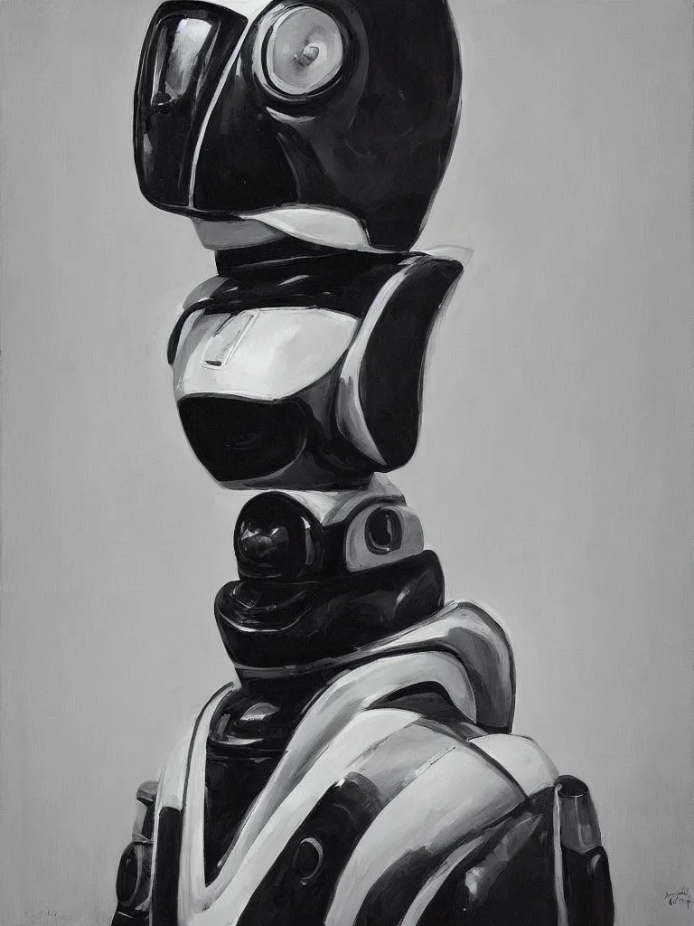 Image similar to “A perfectly centered beautiful black and white portrait oil painting of a retro-futuristic robot in Los Angeles”