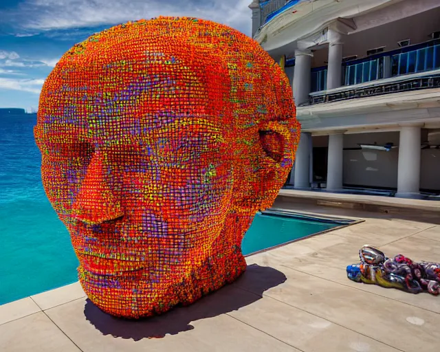 Image similar to a long shot of a giant award winning sculpture made out of tons of hundreds of pool toys in the shape of a human head, on the surface of the ocean, in the style of chad knight, hyper detailed, hyper realistic, ray tracing, 8 k resolution, sharp focus, realistic water