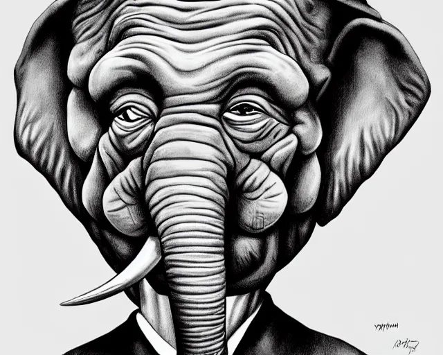 Prompt: a caricature art portrait of the elephant man, in the style of sebastian kruger, high def, detailed, art, fine art, sharp focus, highly detailed