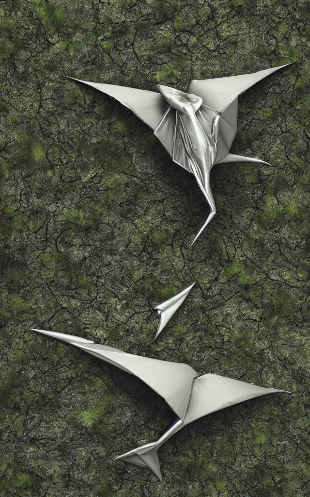 Image similar to metallic platinum pterodactyl lying in a swamp, moss and mud, photography, 3d render visualization