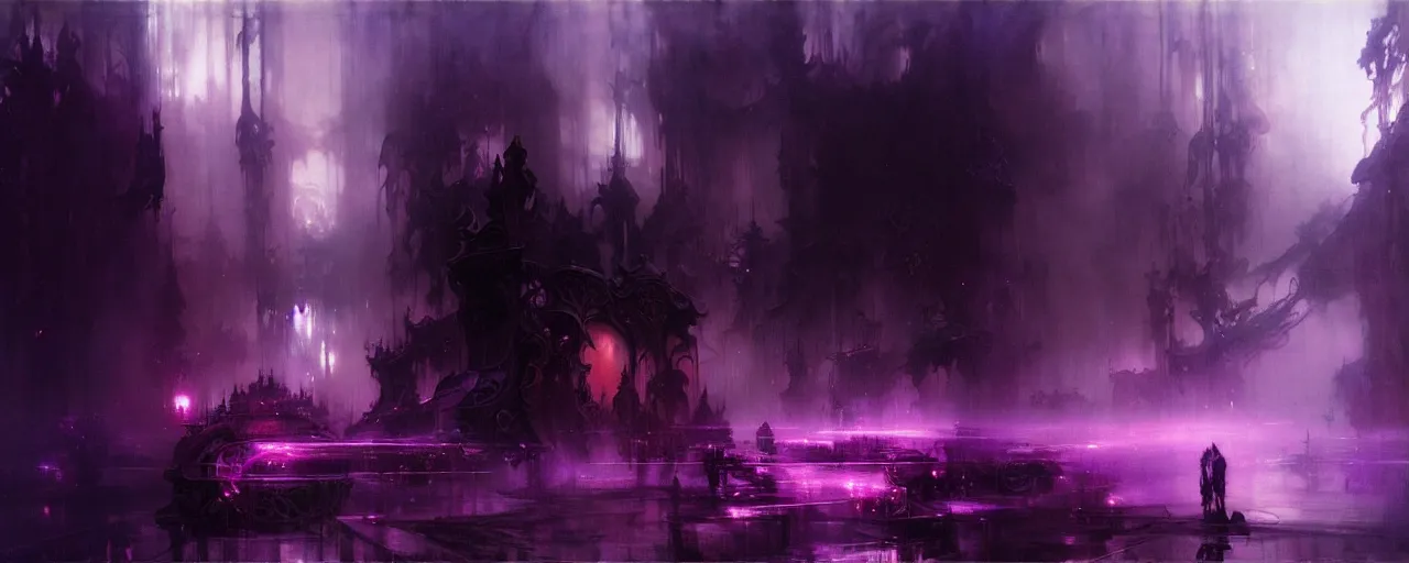 Prompt: purple heaven, intricate concept art, ethereal, ominous, dramatic lighting, Ruan Jia and Jeremy Mann and Alphonse Mucha