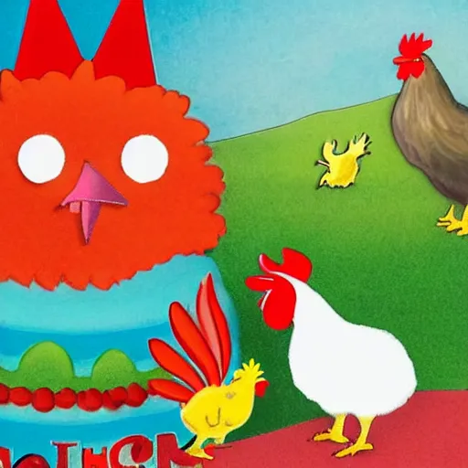 Image similar to a realistic photo of a hatchling chick and a big rooster all alone next to a birthday cake