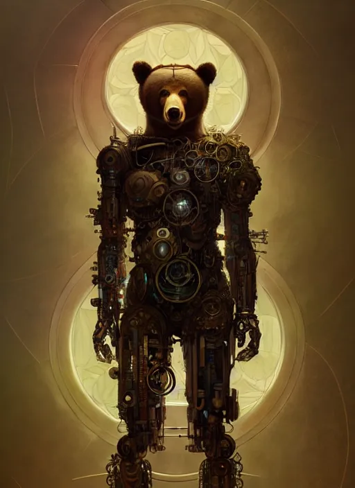 Image similar to organic cyborg bear, full body, diffuse lighting, fantasy, intricate, elegant, highly detailed, lifelike, photorealistic, digital painting, artstation, illustration, concept art, smooth, sharp focus, art by John Collier and Albert Aublet and Krenz Cushart and Artem Demura and Alphonse Mucha