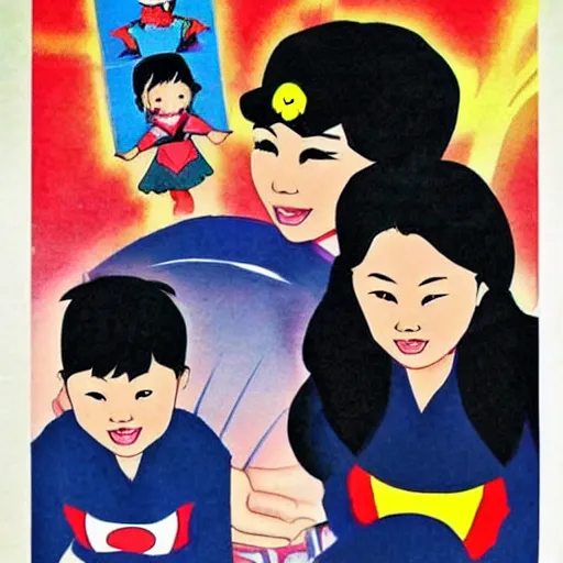 Prompt: Asian superhero teacher lady playing with her 2 little daughters, asian propaganda poster for the new generations