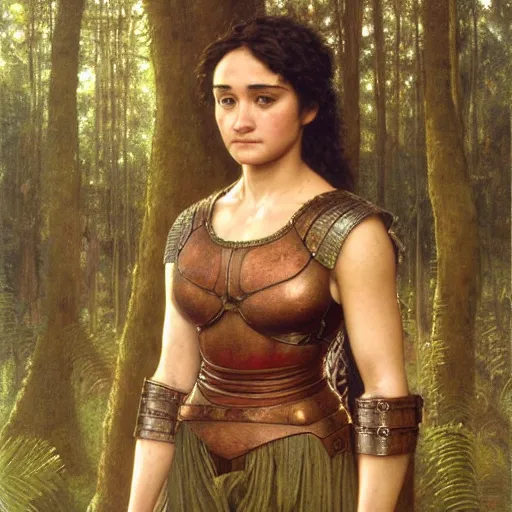 Image similar to a detailed, beautiful portrait oil painting of keisha castle hughes, with a hurt expression, wearing intricate, etched copper armor in an ancient forest, by donato giancola, john williams waterhouse, and william adolphe bouguereau