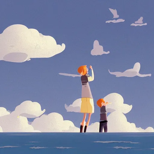 Image similar to Sky full of fluffy clouds with a family of seagulls trying to fish in the sea, ilustration art by Goro Fujita