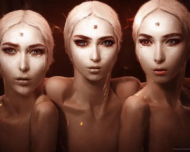 Image similar to a film still of three synthetic female human oracles wrapped in white cloth, beautiful, facepaint, neotokyo, cinematic lighting, high resolution, 4 k