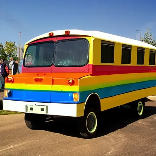 Prompt: a rainbow schoolbus