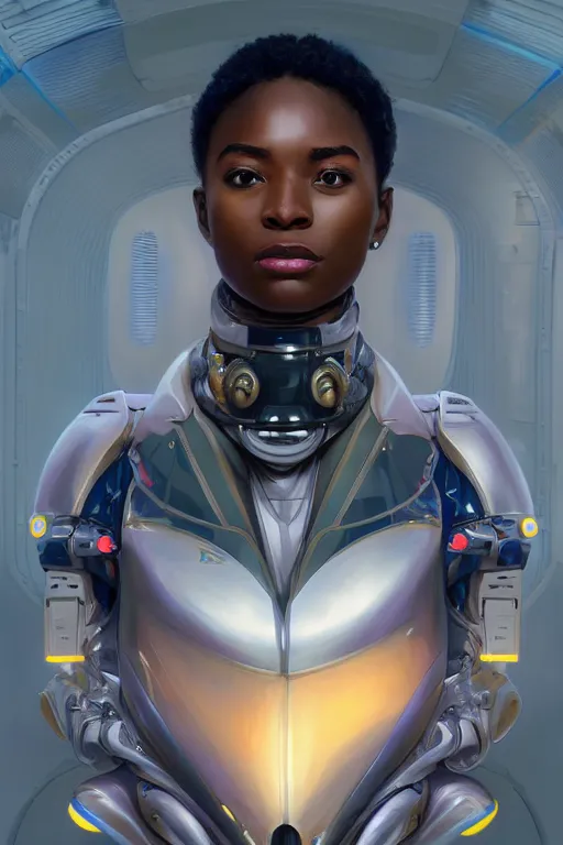 Image similar to portrait futuristic beautiful african Airforce armored pilot Girl, at inside of future fighter aircraft, ssci-fi, fantasy, intricate, very very beautiful, elegant, human anatomy, neon light, highly detailed, digital painting, artstation, concept art, soft light, smooth, sharp focus, illustration, art by tian zi and WLOP and alphonse mucha