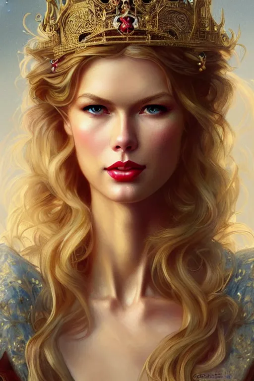Prompt: a mix between claudia schiffer and taylor swift as a princess, fantasy, intricate, elegant, highly detailed, digital painting, artstation, concept art, matte, sharp focus, illustration, art by artgerm and greg rutkowski and alphonse mucha