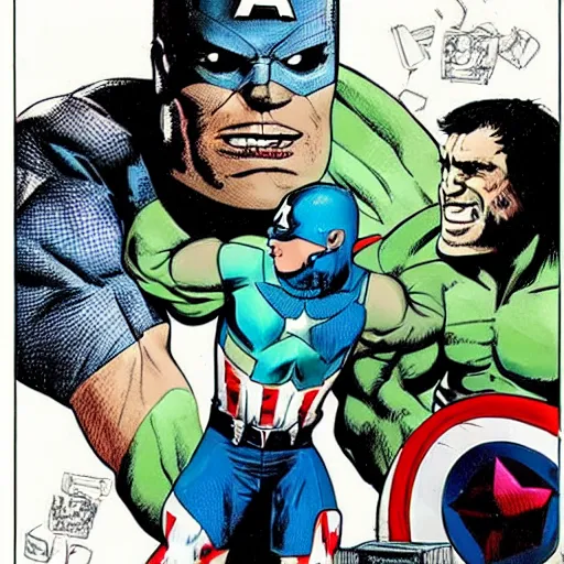 Prompt: Captain America and Hulk playing chess