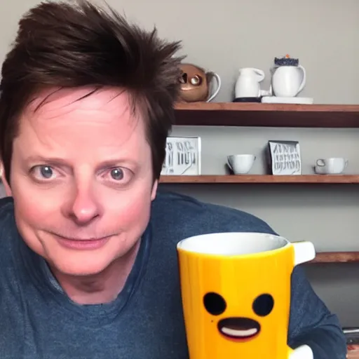Image similar to Michael J Fox drinking coffee put a poop emoji mug