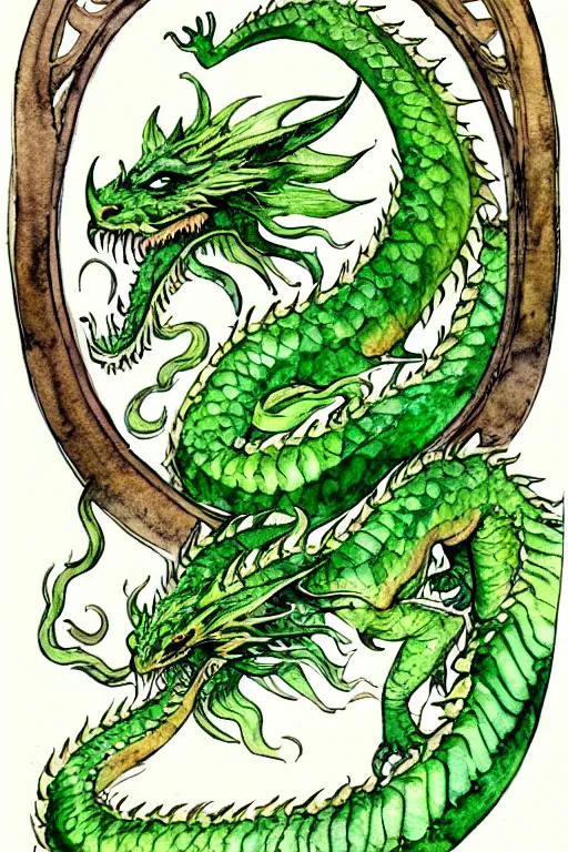 Image similar to green dragon watercolor painting in the center of a circular frame of leaves, art by walter crane and arthur rackham, illustration style, watercolor