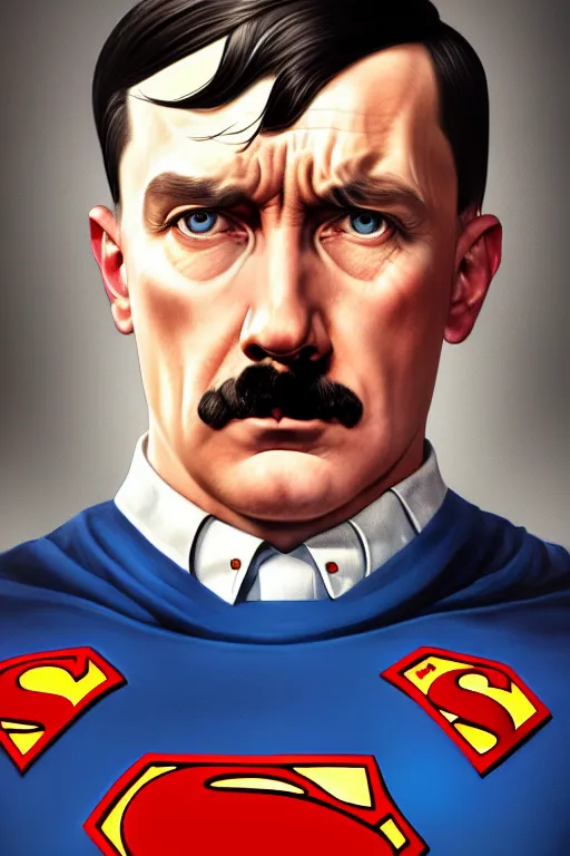 Image similar to adolf hitler as superman, realistic portrait, symmetrical, highly detailed, digital painting, artstation, concept art, smooth, sharp focus, illustration, cinematic lighting, art by artgerm and greg rutkowski and alphonse mucha