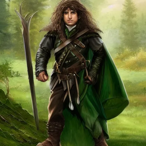 Prompt: a clean shaven rugged warrior hobbit in leather armor with very short hair and a dark green cloak and dark green hood and his pet dragon hiking through the forest, trending on artstation, realistic, detailed, by Tony Sart