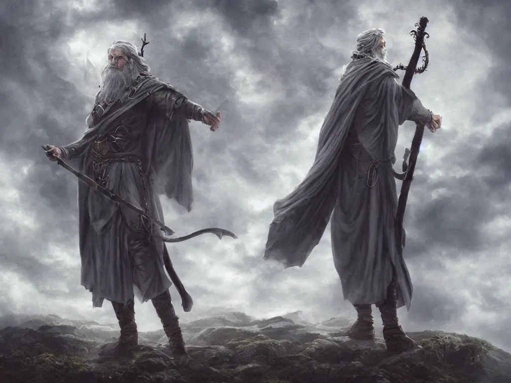 Prompt: Odin the wanderer in a grey cloak with his staff travelling walking on a path with clouds above him, neo-romanticism, norse mythology, colorful