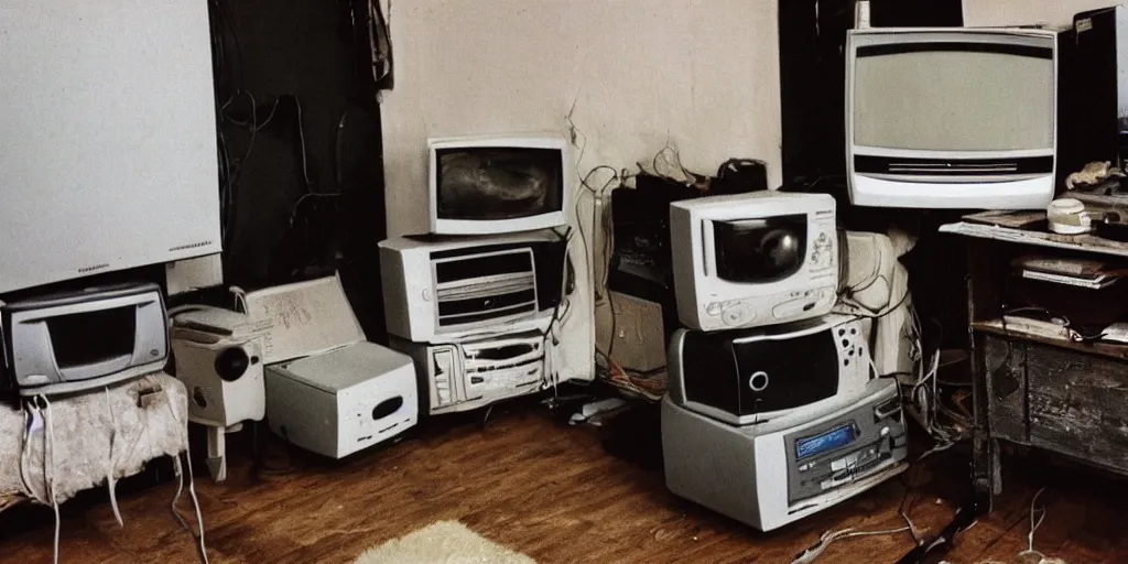 Prompt: an old CRT tv playing static in a dim cluttered room in the 90s