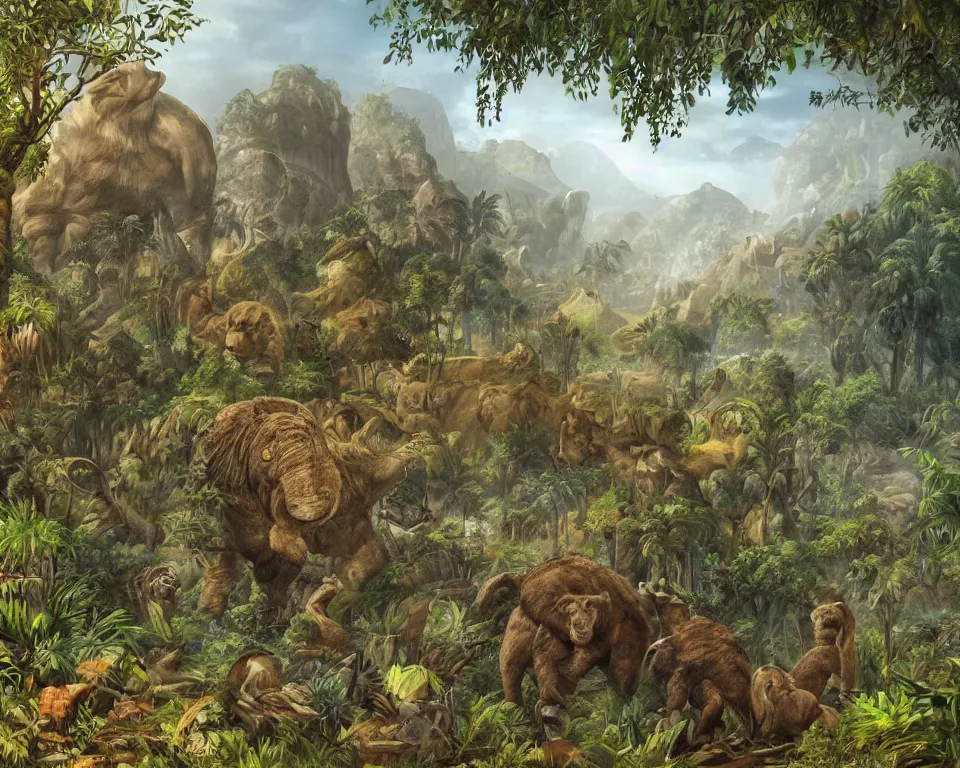 Image similar to the beastlands, megafauna, jungle landscape