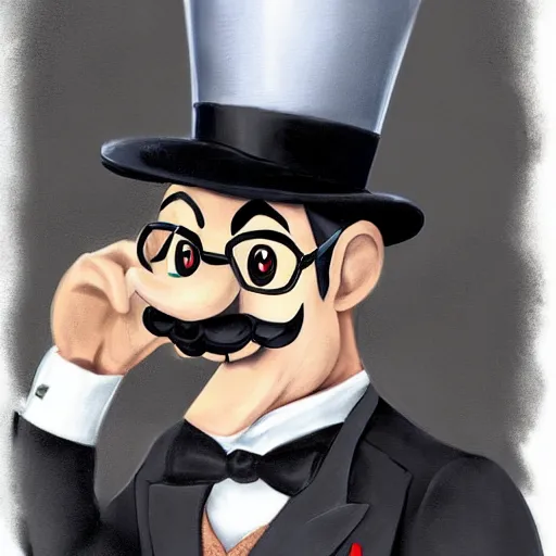 Image similar to dapper fancy luigi wearing a top hat, smirking deviously, painted by wlop