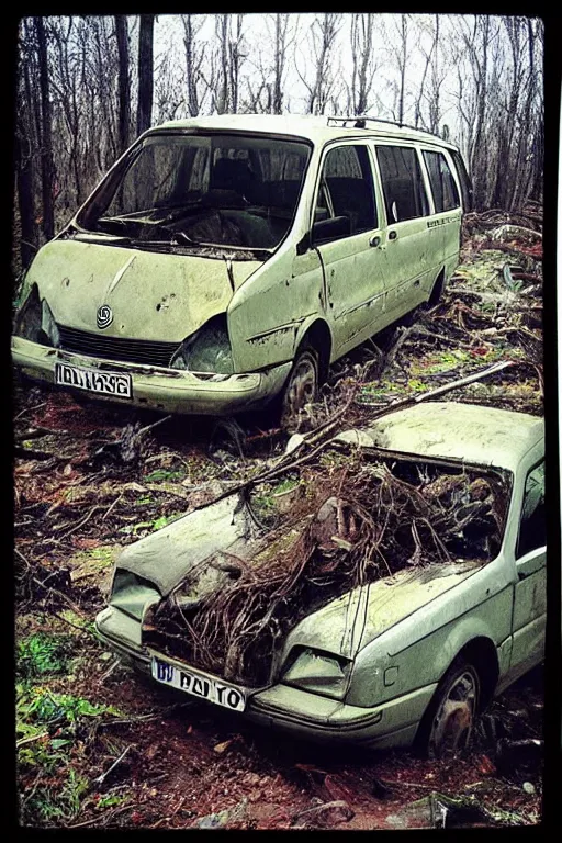 Prompt: “Miserable old Skoda Octavia Combi dirty and broken in a depressing dead forest”