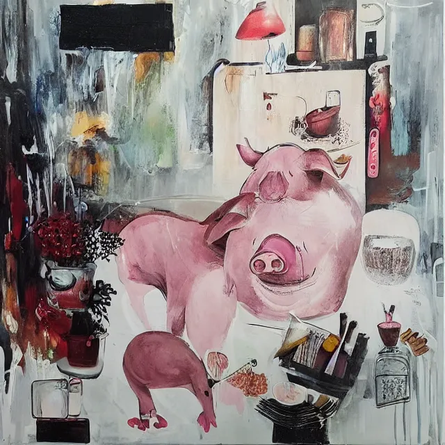 Image similar to “ a portrait in a female art student ’ s apartment, sensual, a pig theme, pork, pottery supplies, pottery work in progress, a candle dripping white wax, pottery glaze, squashed berries, berry juice drips, acrylic and spray paint and oilstick on canvas, surrealism, neoexpressionism ”