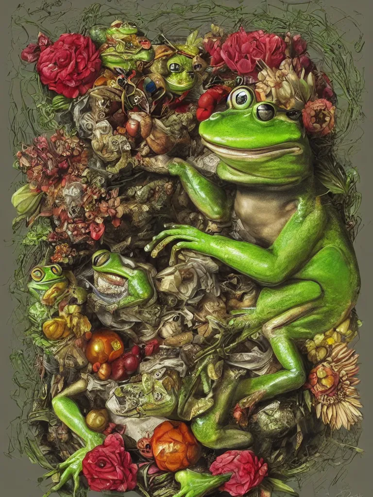 Image similar to Frog in style of Guiseppe Arcimboldo, sharp, masterpiece, artstation