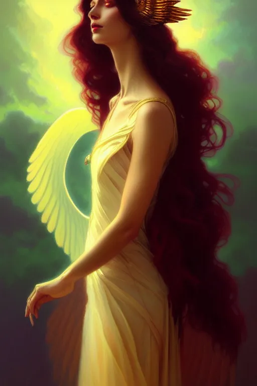 Image similar to beautiful portrait oil painting, ombre velvet gown, beautiful elegant bird woman with wings, portrait, dramatic light on face, long hair, tiara, dozens of jeweled necklaces, by greg rutkowski, brom, anato finnstark, alphonse mucha, oil painting, highly detailed, cinematic lighting, unreal,