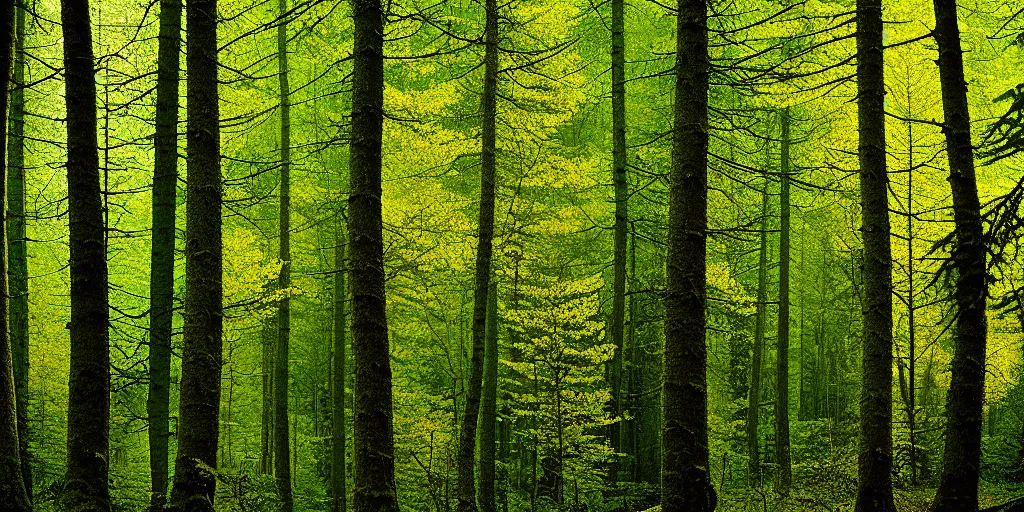 Image similar to lush north european mountainous broadleaf deciduous forest, against light, glare, bright details, contrasting, daylight, highly detailed, by dieter rams 1 9 9 0, national geographic magazine, reportage photo, natural colors