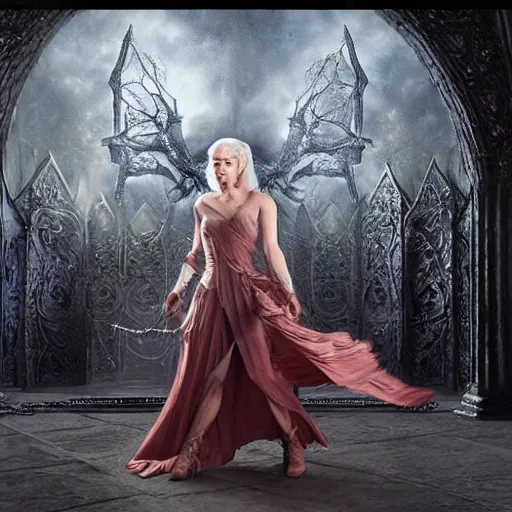 Image similar to digital matte painting of daenerys targaryen dancing alone in a dark gothic style ballroom, detailed face dark dramatic mysterious style of luis royo, 8 0 mm camera, high detail, hd 8 k