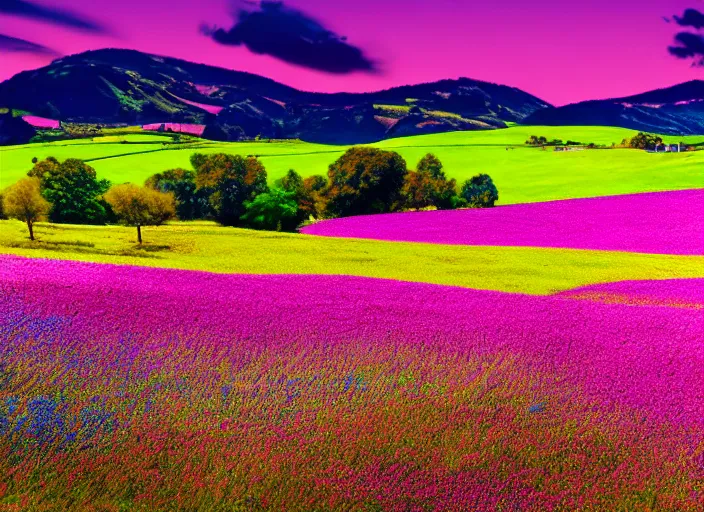 Image similar to fields full of flowers, pink and purple trees and blue sky with hills in the background. Intricate. Very detailed 8k. Fantasy. Sharp. Cinematic post-processing.